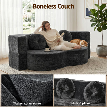 Artiss 2 in 1 Convertible Compressed Sofa Bed, Folding Boneless Sofabed for Living Room ,Comfort Curved Sleeper Couch with High Density Sponge, Apartment Essentials, No Assembly, 2 Pillows, Grey.