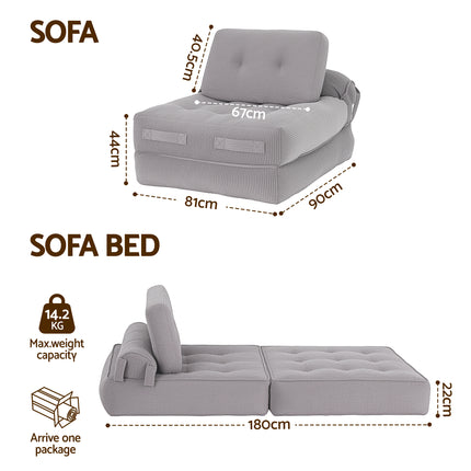 Artiss 1 Seater Corduroy Convertible Sofa Bed Pull Out Boneless Couch Grey.