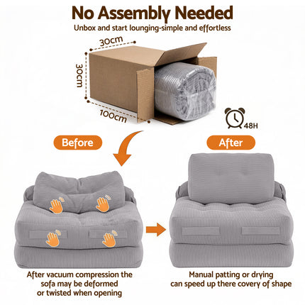 Artiss 1 Seater Corduroy Convertible Sofa Bed Pull Out Boneless Couch Grey.