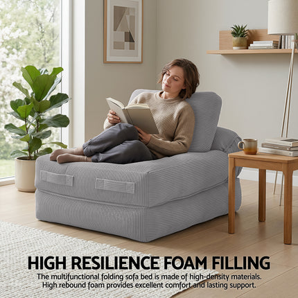 Artiss 1 Seater Corduroy Convertible Sofa Bed Pull Out Boneless Couch Grey.