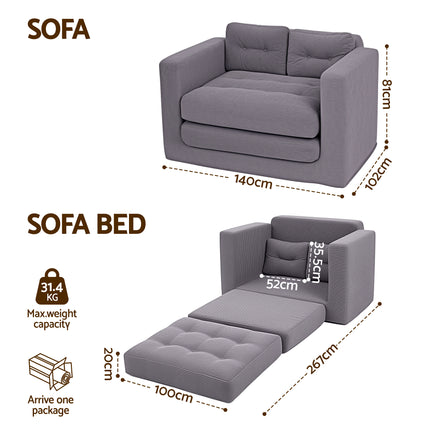 Artiss 2 Seater Corduroy Convertible Sofa Bed Pull Out Boneless Couch Grey.