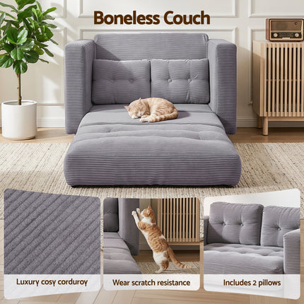 Artiss 2 Seater Corduroy Convertible Sofa Bed Pull Out Boneless Couch Grey.