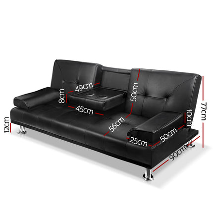 Artiss Sofa Bed Lounge Convertible Leather Couch Bed 3 Seater Cupholder Recliner.