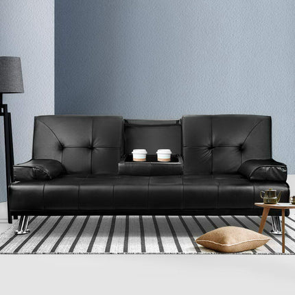 Artiss Sofa Bed Lounge Convertible Leather Couch Bed 3 Seater Cupholder Recliner.