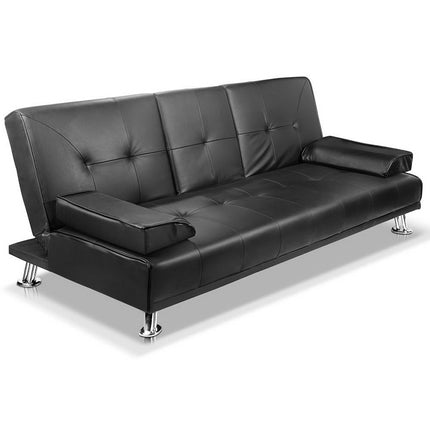 Artiss Sofa Bed Lounge Convertible Leather Couch Bed 3 Seater Cupholder Recliner.