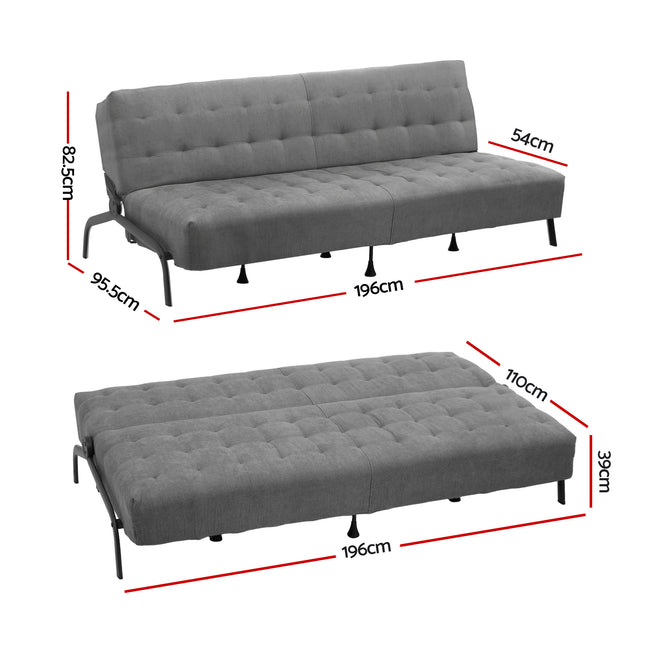 Artiss Sofa Bed, 1.9m 3-Seater Soft Innerspring Adjustable Couch Futon Chair for Apartment Dorm Living Room Office Study Bedroom, Grey.