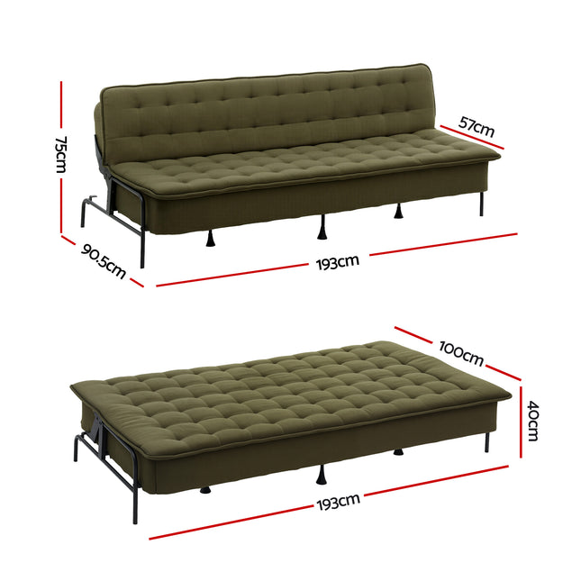Artiss Sofa Bed, 1.9m 3-Seater Soft Innerspring Adjustable Couch Futon Chair for Apartment Dorm Living Room Office Study Bedroom, Green.