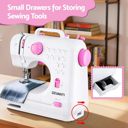 Devanti 12 Stitches Mini Sewing Machine for Beginners Portable Sewing Machine Kit with LED Lights.