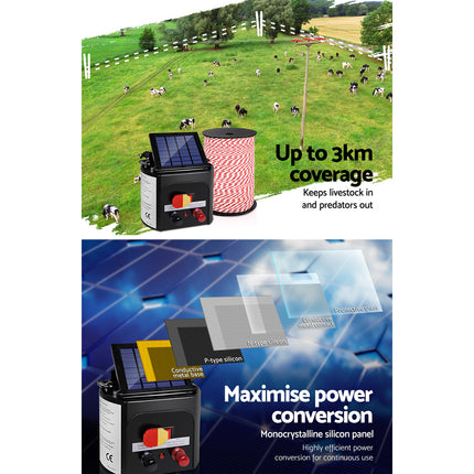 Giantz Fence Energiser 3KM Solar Powered Electric 500M Poly Rope.