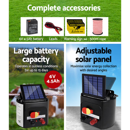 Giantz Fence Energiser 3KM Solar Powered Electric 500M Poly Rope.