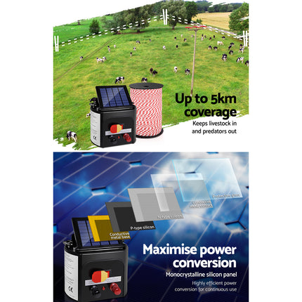 Giantz Fence Energiser 5KM Solar Powered Electric 500M Poly Rope.