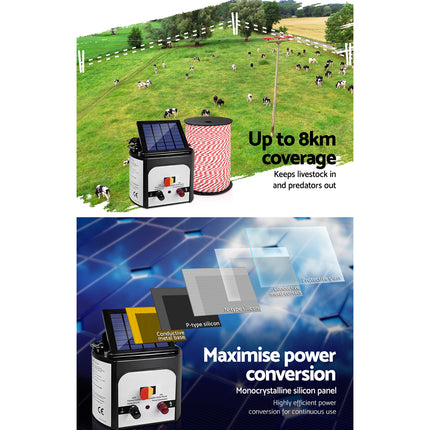 Giantz Fence Energiser 8KM Solar Powered Electric 500M Poly Rope.