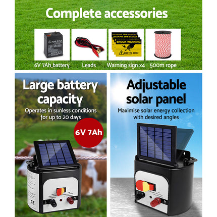 Giantz Fence Energiser 8KM Solar Powered Electric 500M Poly Rope.