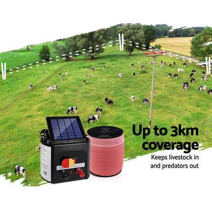 Giantz Fence Energiser 3KM Solar Powered Electric 1200M Poly Tape.