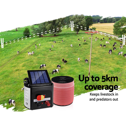 Giantz Fence Energiser 5KM Solar Powered Electric 2000M Poly Tape.