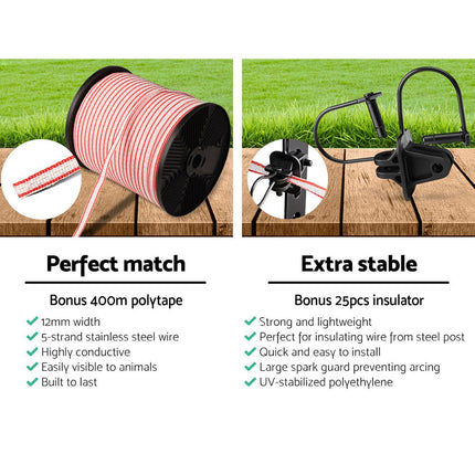 Giantz Fence Energiser 3KM Solar Powered Electric 400M Poly Tape Insulator.