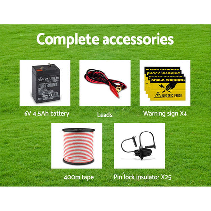 Giantz Fence Energiser 3KM Solar Powered Electric 400M Poly Tape Insulator.