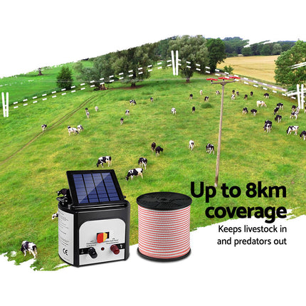 Giantz Fence Energiser 8KM Solar Powered Electric 400M Poly Tape Insulator.