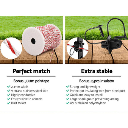 Giantz Fence Energiser 5KM Solar Powered Electric 500M Poly Wire Insulator.
