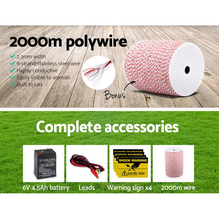 Giantz Fence Energiser 3KM Solar Powered Electric 2KM Poly Wire.