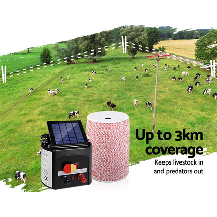 Giantz Fence Energiser 3KM Solar Powered Electric 2KM Poly Wire.