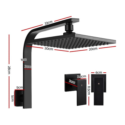 Cefito 8'' Rain Shower Head Wall Arm Square High Pressure Twins Tap Black.