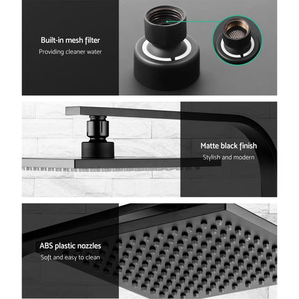 Cefito 8'' Rain Shower Head Wall Arm Square High Pressure Twins Tap Black.