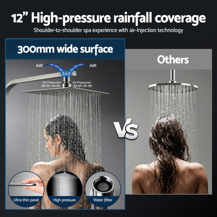 12" Rain Shower Head Set with 3-Mode Handheld Brass High Pressure WELS Chrome.