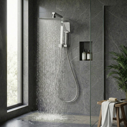 12" Rain Shower Head Set with 3-Mode Handheld Brass High Pressure WELS Chrome.