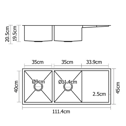 Cefito Kitchen Sink 111X45CM Stainless Steel Basin Double Bowl Silver.