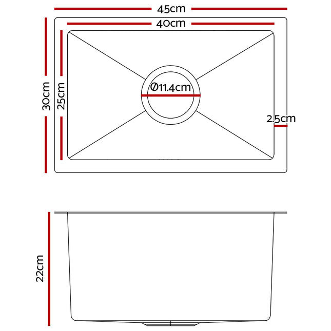 Cefito Kitchen Sink 45X30CM Stainless Steel Basin Single Bowl Silver.