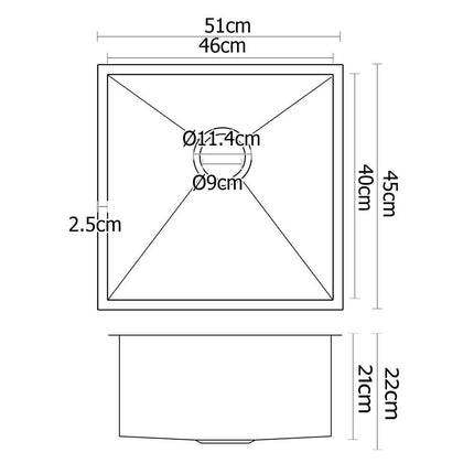 Cefito Kitchen Sink 51X45CM Stainless Steel Basin Single Bowl Silver.