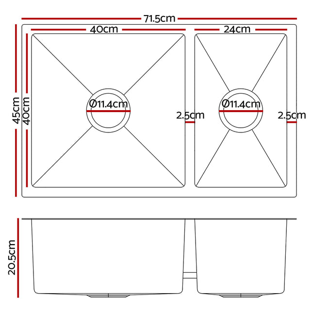 Cefito Kitchen Sink 71X45CM Stainless Steel Basin Double Bowl Silver.
