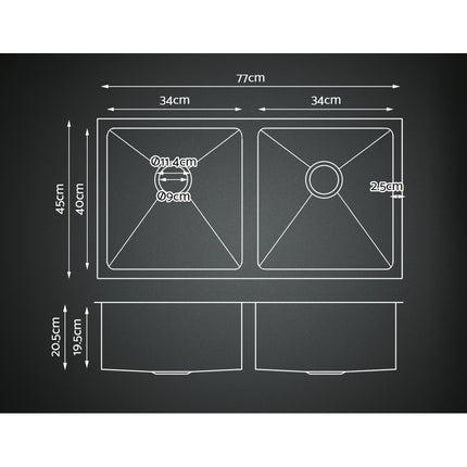 Cefito Kitchen Sink 77X45CM Stainless Steel Basin Double Bowl Silver.