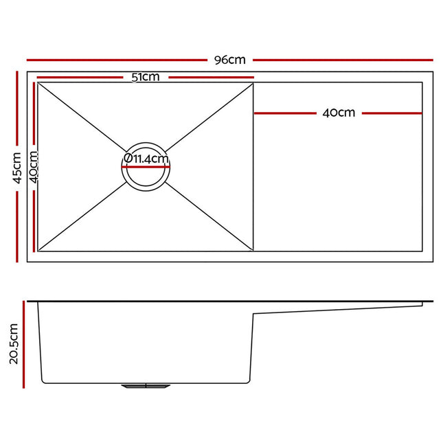 Cefito Kitchen Sink 96X45CM Stainless Steel Basin Single Bowl Silver.