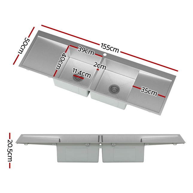 Cefito Kitchen Sink Basin Stainless Steel Under/Top/Flush Mount Bowl 155X50CM.