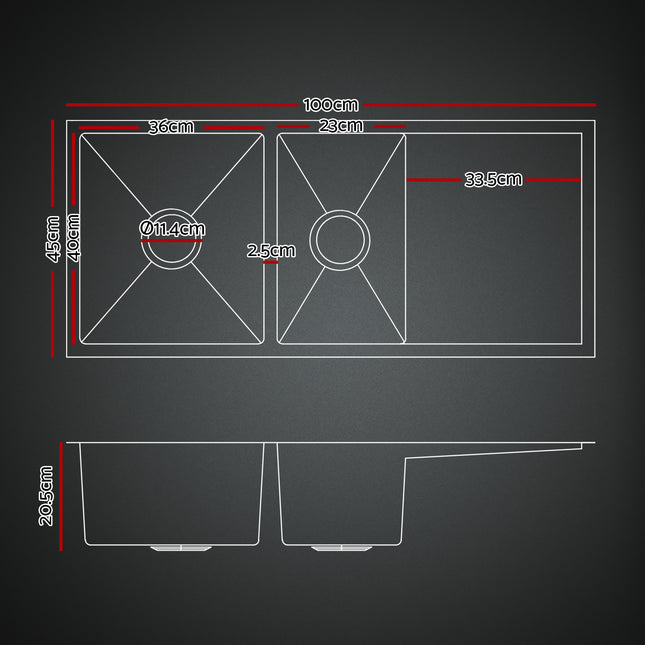 Cefito Stainless Steel Sink 100x45CM With Pull Out Mixer Tap Kitchen Basin Double Bowl Black.