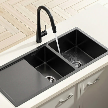 Cefito Stainless Steel Sink 100x45CM With Pull Out Mixer Tap Kitchen Basin Double Bowl Black.