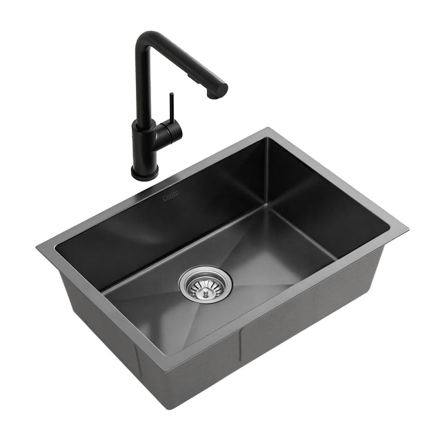 Cefito Stainless Steel Sink 30x45CM With Pull Out Mixer Tap Kitchen Basin Single Bowl Black.