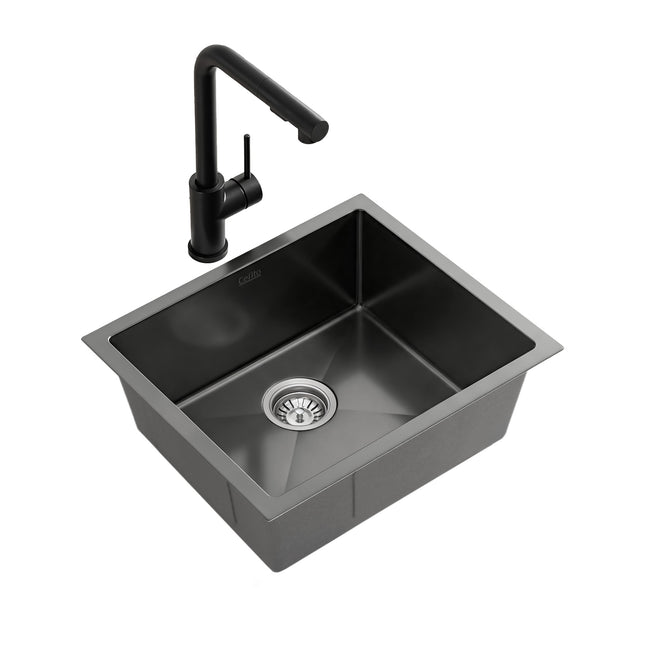 Cefito Stainless Steel Sink 44x44CM With Pull Out Mixer Tap Kitchen Basin Single Bowl Black.
