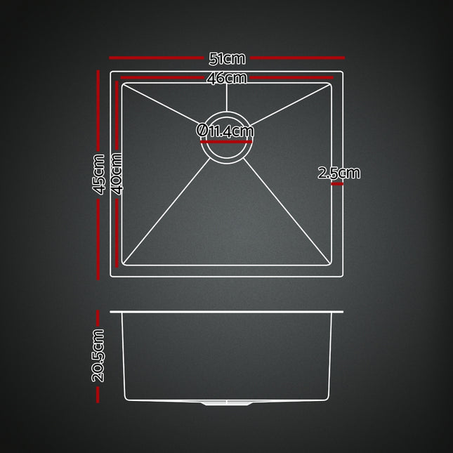 Cefito Stainless Steel Sink 51x45CM With Pull Out Mixer Tap Kitchen Single Bowl Black.