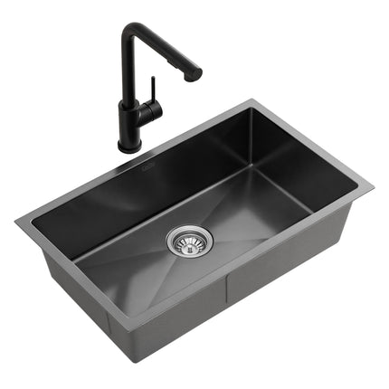 Cefito Stainless Steel Sink 60x45CM With Pull Out Mixer Tap Kitchen Basin Single Bowl Black.