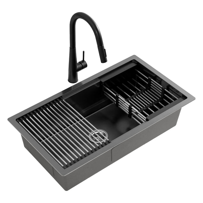 Cefito Stainless Steel Sink 70x45CM With Pull Out Mixer Tap Kitchen Basin Single Bowl Black.