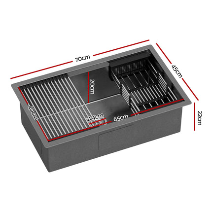 Cefito Stainless Steel Sink 70x45CM With Pull Out Mixer Tap Kitchen Basin Single Bowl Black.
