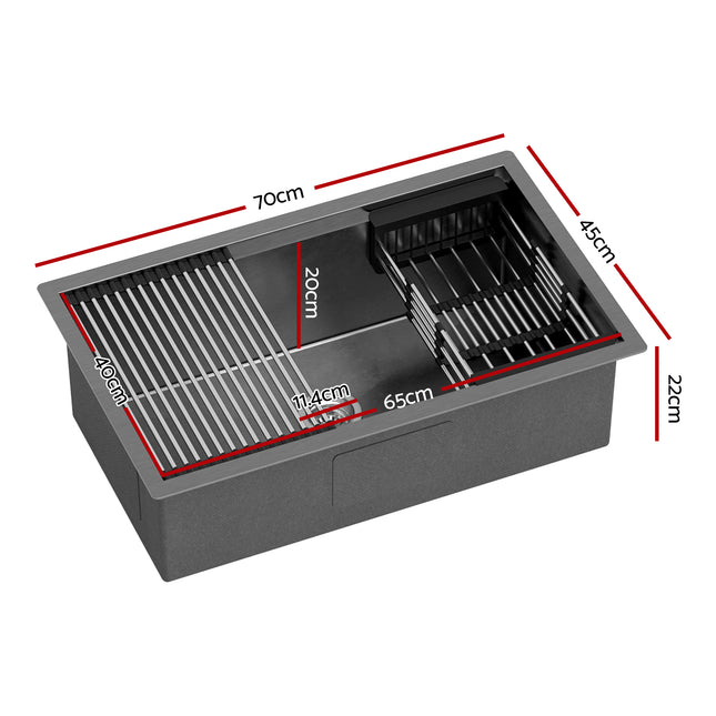 Cefito Stainless Steel Sink 70x45CM With Pull Out Mixer Tap Kitchen Basin Single Bowl Black.