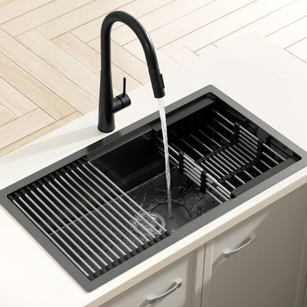 Cefito Stainless Steel Sink 70x45CM With Pull Out Mixer Tap Kitchen Basin Single Bowl Black.
