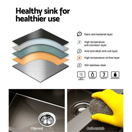 Cefito Kitchen Sink 75X45CM Stainless Steel Basin Single Bowl Black.