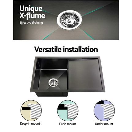 Cefito Kitchen Sink 75X45CM Stainless Steel Basin Single Bowl Black.