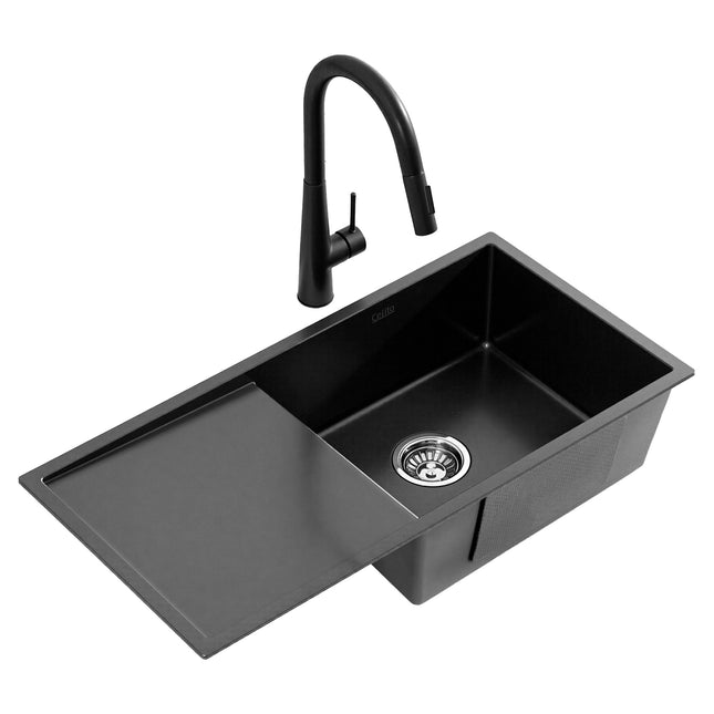 Cefito Stainless Steel Sink 75x45CM With Pull Out Mixer Tap Kitchen Basin Single Bowl Black.