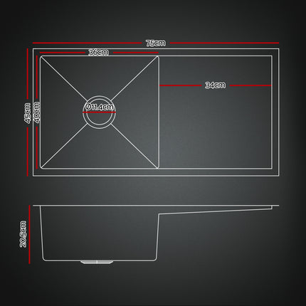 Cefito Stainless Steel Sink 75x45CM With Pull Out Mixer Tap Kitchen Basin Single Bowl Black.